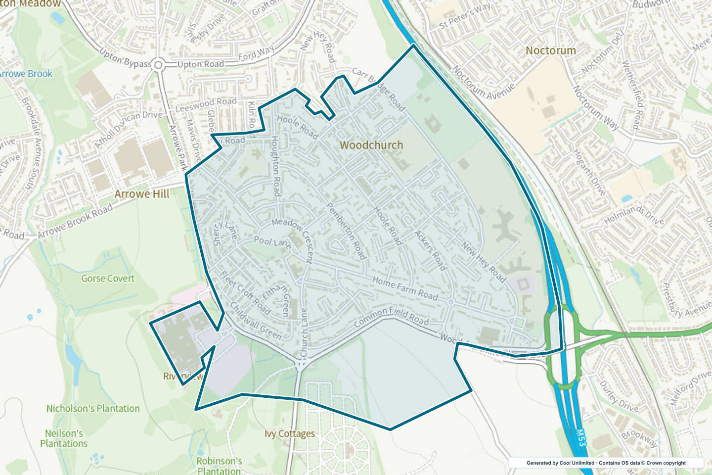 OS OpenData Outdoor map showing the approximate Woodchurch selection geography outlined in blue