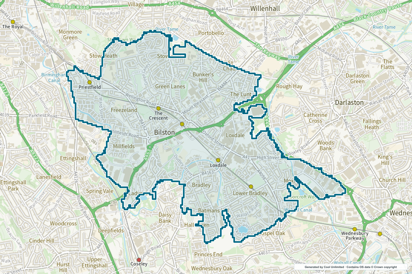 OS OpenData Outdoor map showing the approximate Bilston (Wolverhampton) selection geography outlined in blue