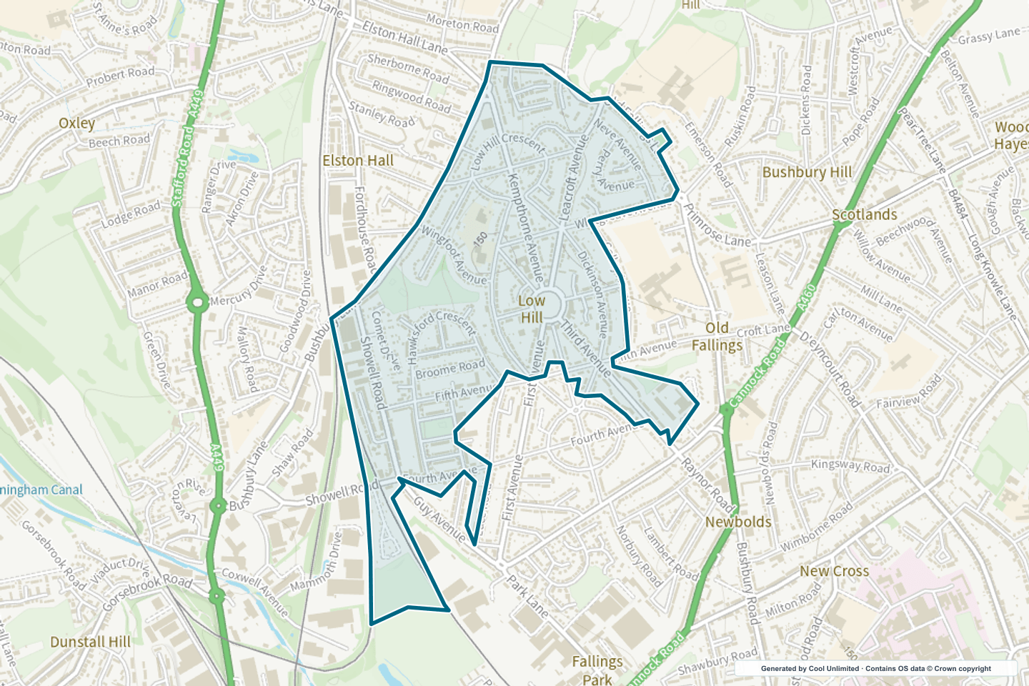 OS OpenData Outdoor map showing the approximate Low Hill selection geography outlined in blue