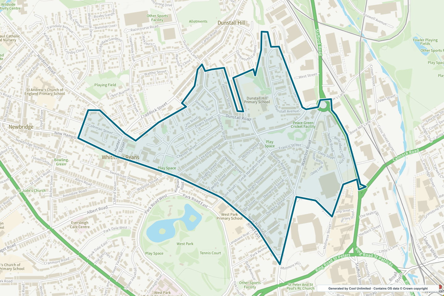 OS OpenData Outdoor map showing the approximate Waterloo Road selection geography outlined in blue