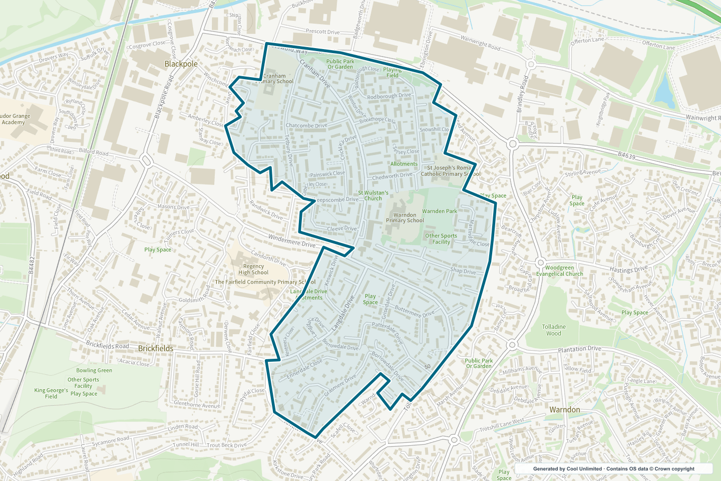 OS OpenData Outdoor map showing the approximate Warndon West selection geography outlined in blue