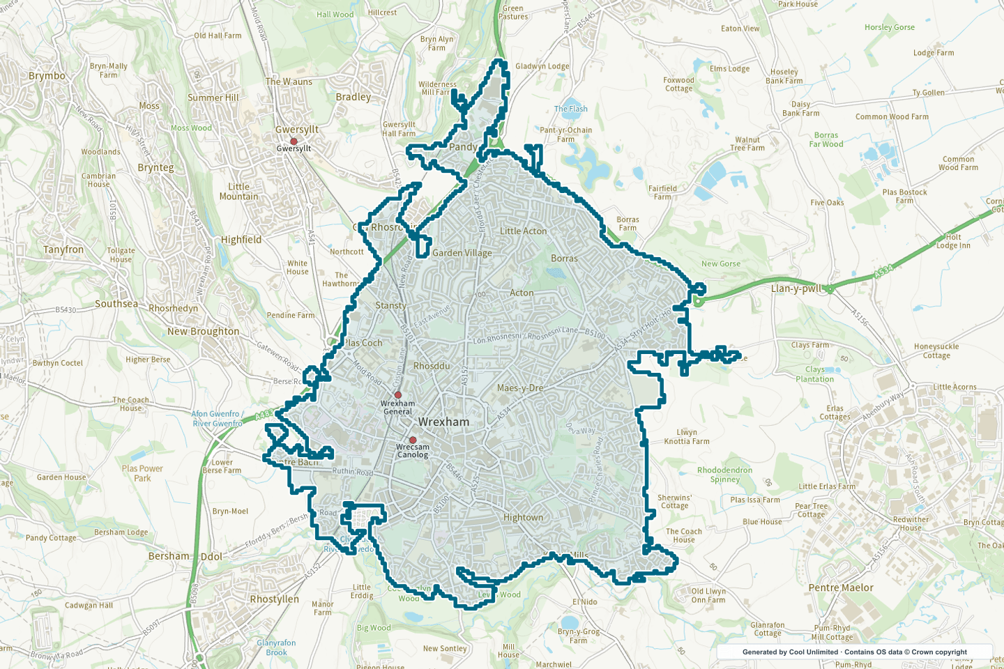OS OpenData Outdoor map showing the approximate Wrexham selection geography outlined in blue