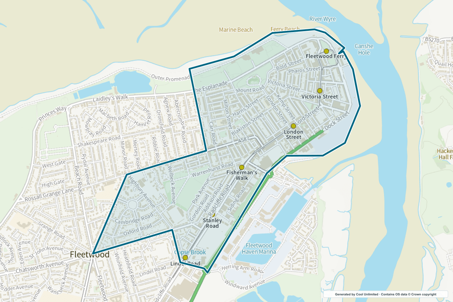 OS OpenData Outdoor map showing the approximate Fleetwood Town selection geography outlined in blue