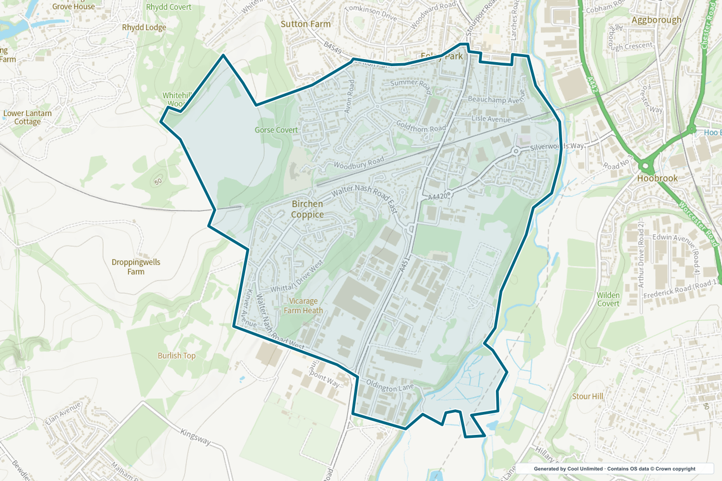 OS OpenData Outdoor map showing the approximate Birchen Coppice selection geography outlined in blue