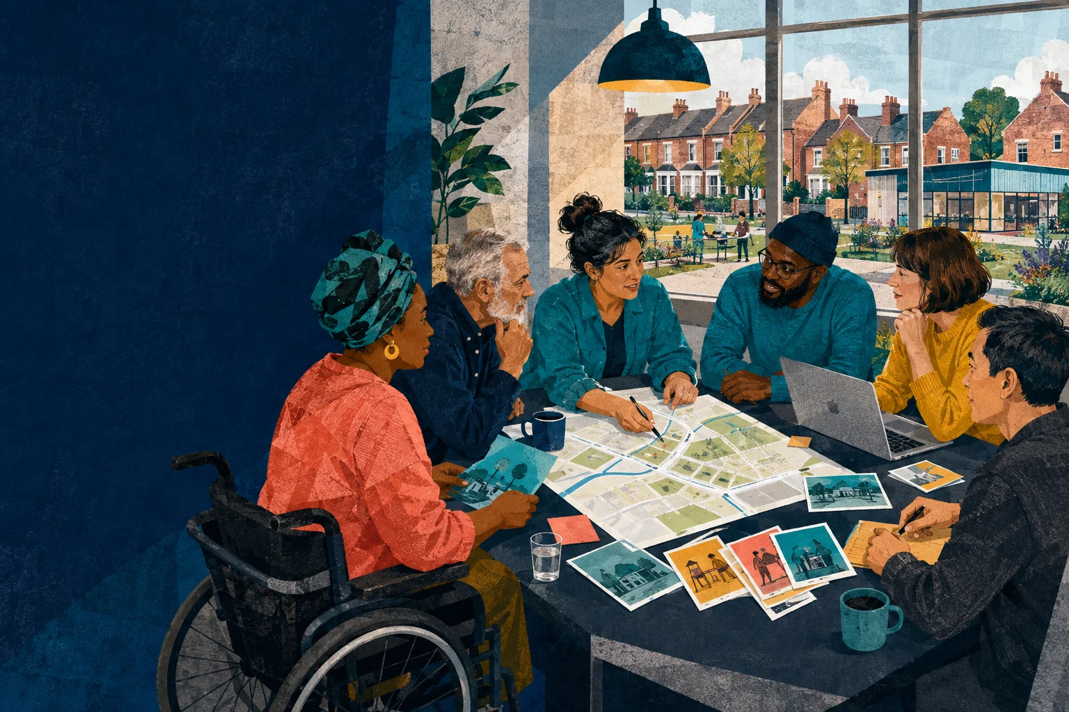 Illustration of residents discussing neighbourhood plans around a table in a community hall